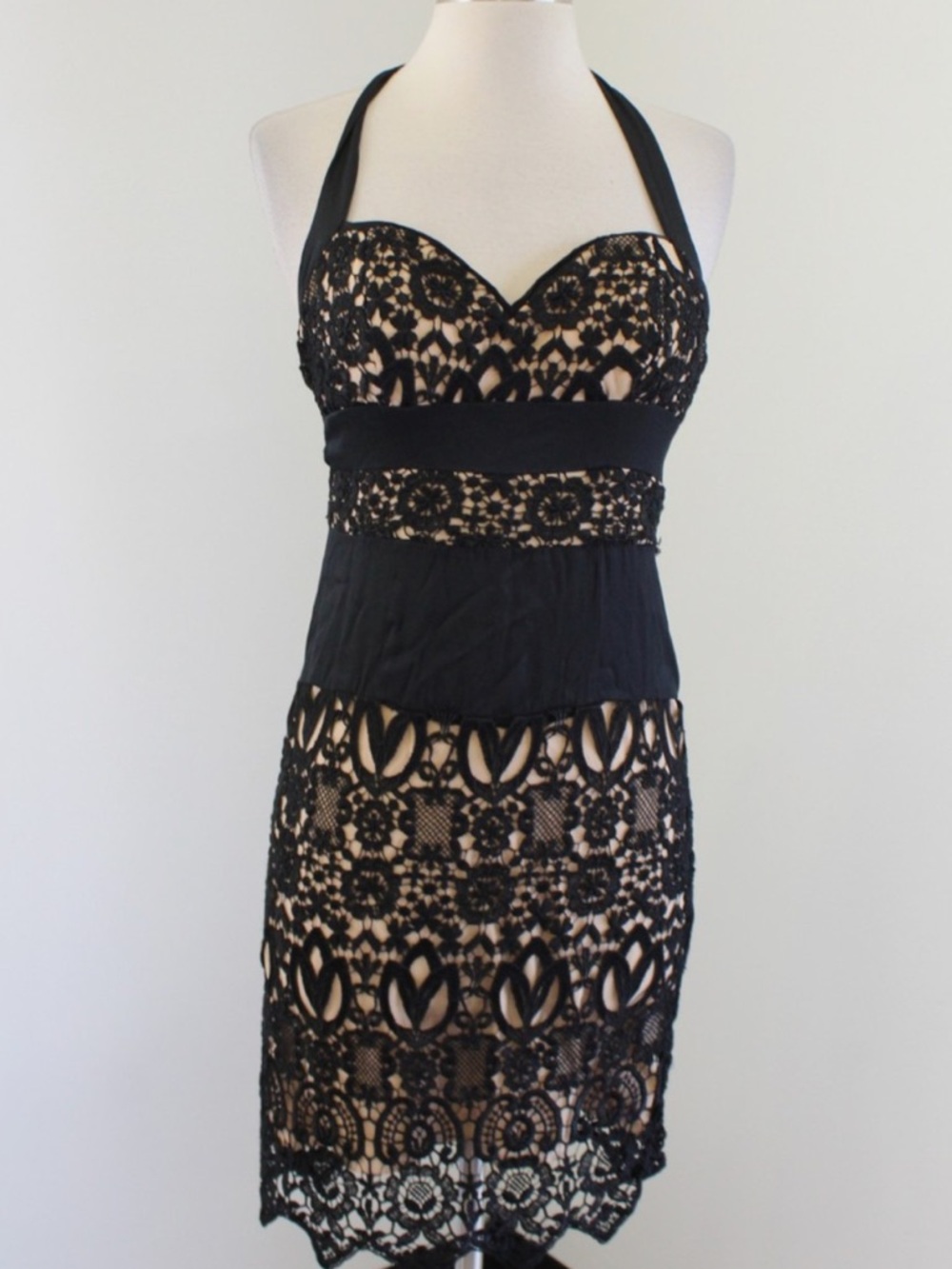 Bebe Halter Lace Fully Lined Dress 👗 Sz M Beautiful Lace & Fringe Hem Detailing